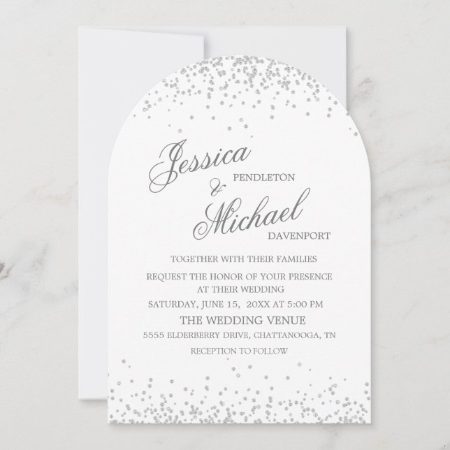 Vit Silver Glitter Elegant Script Båge Bröllop Inbjudningar (Framsida)