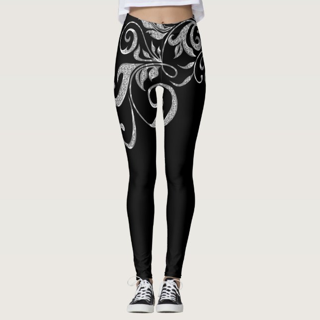 Vit Silver Glitter Girly Swirls Design Leggings (Framsida)