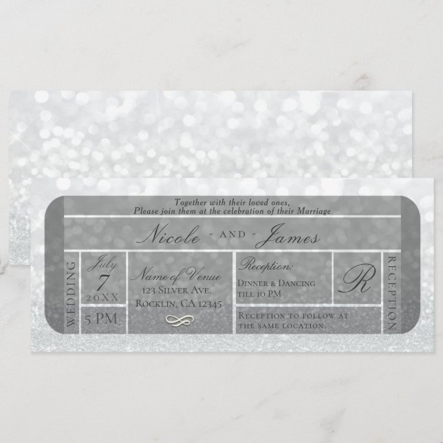 Vit Silver Glitter Glans VIP-biljett Bröllop Inbjudningar (Fram/baksida)