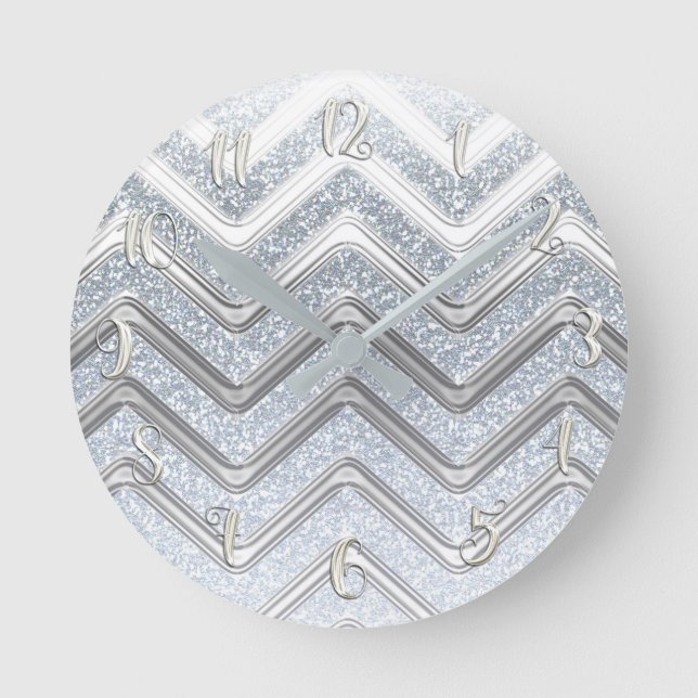 Vit Silver Glitter Tjejlyx Glam Glamour Chevron Rund Klocka (Framsida)