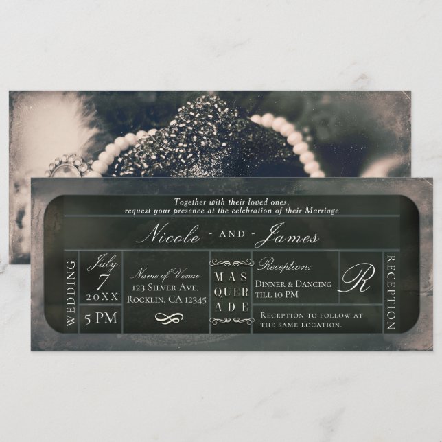 Vit Silver Glitter VIP Biljett Bröllop Inbjudningar (Fram/baksida)