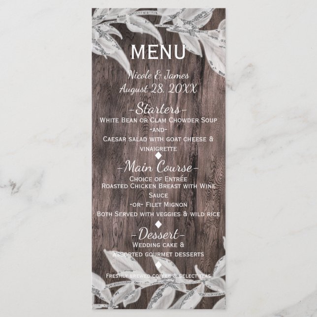Vit & Silver Löv & Rustic Wood Elegant Menu Meny (Framsida)