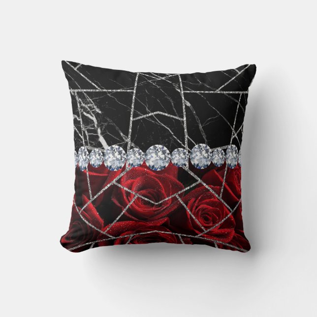 Vit Silver Marmor Ros Svart Glitter Kastyta Kudde (Framsida)