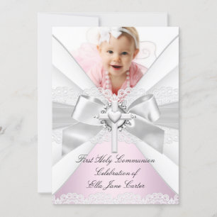 Vit Silver Rosa Foto Första Kommunion Inbjudningar