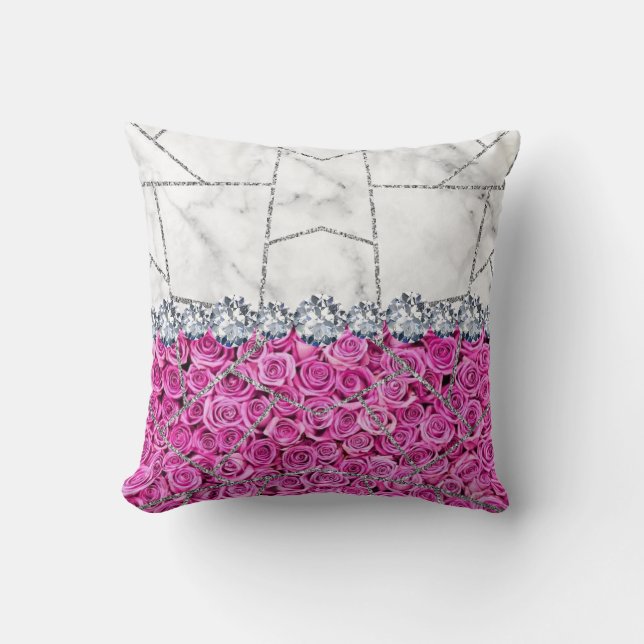 Vit Silvermarmor Ros Svart Glitter Kastar Kudde (Framsida)