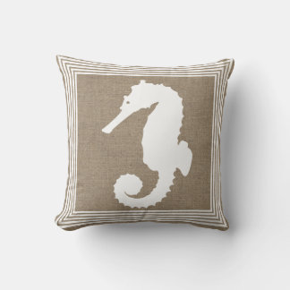 Vit Sjöhäst Siluett i Marin Stil & Falskt Jute Kudde