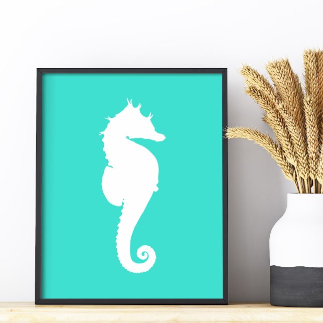 Vit sjöhästar på turkos fototryck (White Seahorse on Turquoise Photo Print)