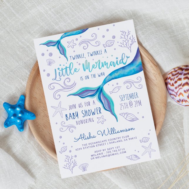Vit Sjöjungfru för Twinkle Twinkle Iridescent Ocea Inbjudningar (Twinkle Twinkle Iridescent Ocean Mermaid White Invitation)