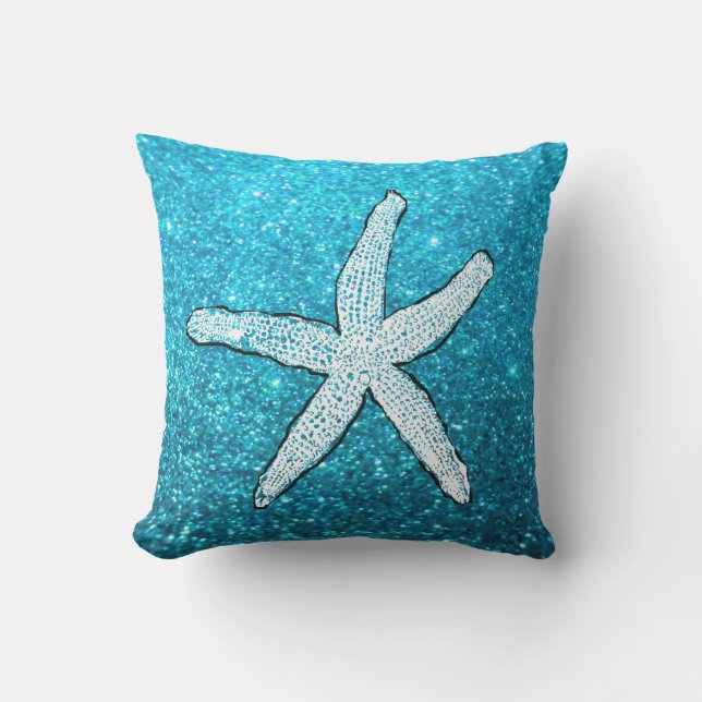 Vit sjöstjärna glitter glitter strand teal blå kudde (Framsida)