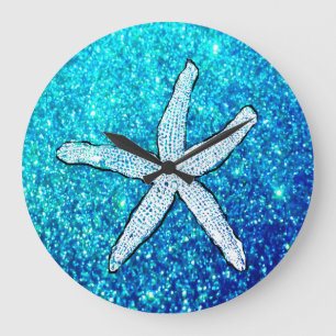 Vit sjöstjärna glitter glitter teal blå söt stor klocka