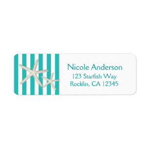 Vit sjöstjärna Teal Turkos randig strand Returadress Etikett