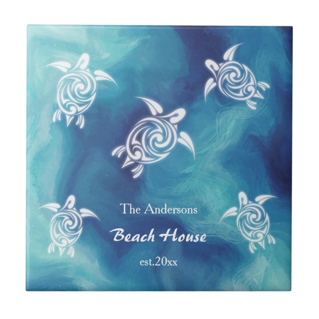 Vit sköldpadda Blå havsfärgstext Kusttext Kakelplatta (Framsidan)