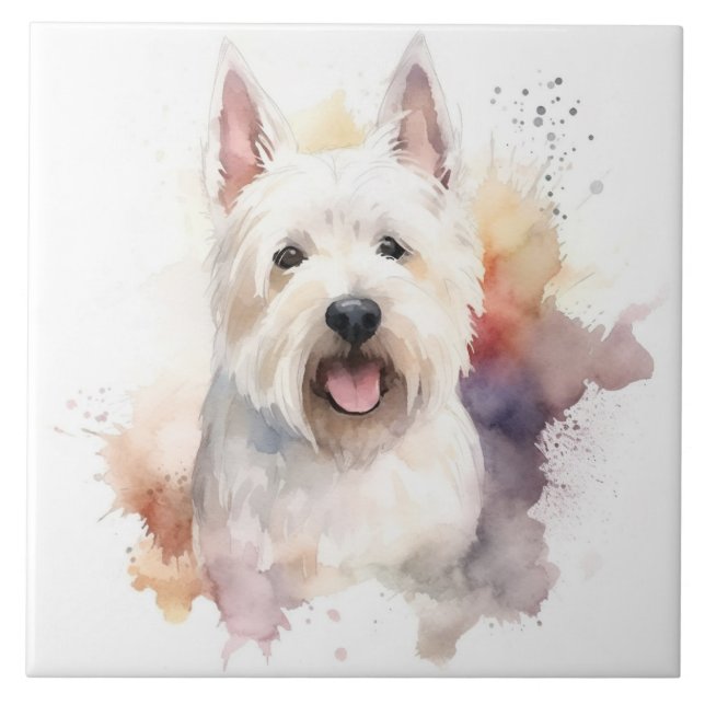 Vit skotsk terrier, Hund pet, vattenfärg Kakelplatta (Framsidan)