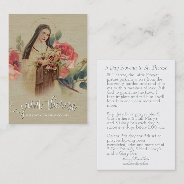 Vit skrivar överdrar blomman för | St. Therese Visitkort (Fram/baksida)