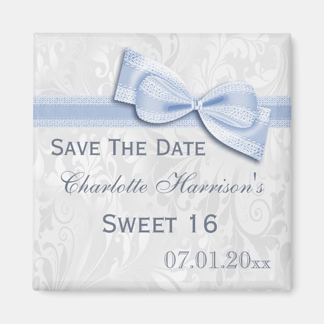 Vit skugga och Faux Bow Sweet 16 Spara datum Magnet (Framsidan)