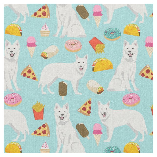 vit skvallras hund skräp mat ljusblå tyg (Närbild)