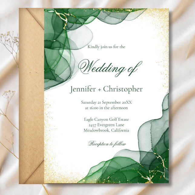 Vit Smaragd Grön Guld Marmor Bröllop Inbjudningar (White Emerald Green Gold Marble Wedding Invitation)