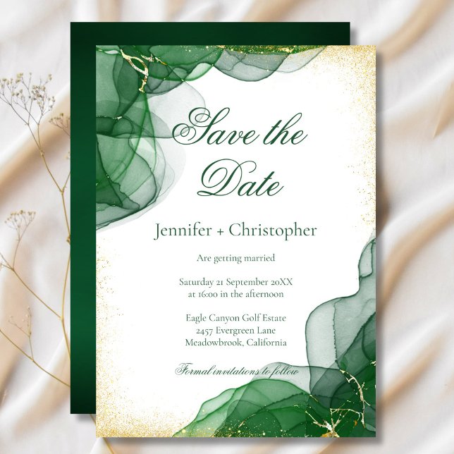 Vit Smaragdgrön Guld Marmor Spara Datum Kort (White Emerald Green Gold Marble Save The Date Card)