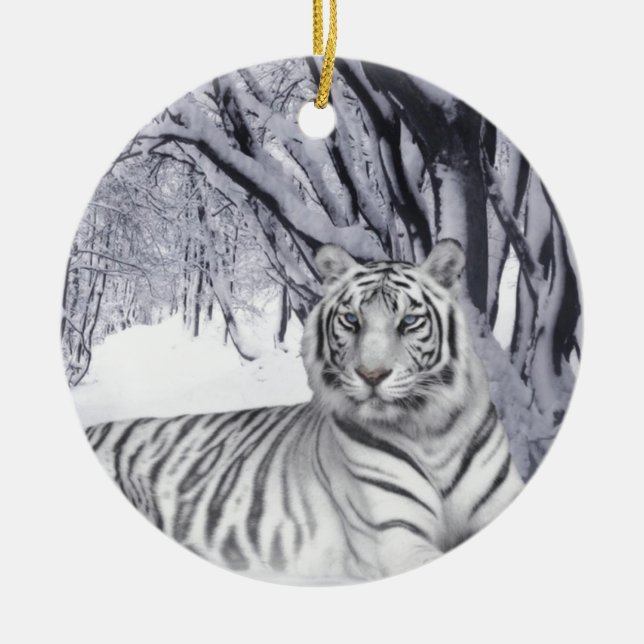 Vit Snö Tiger Julgransprydnad Keramik (Framsidan)