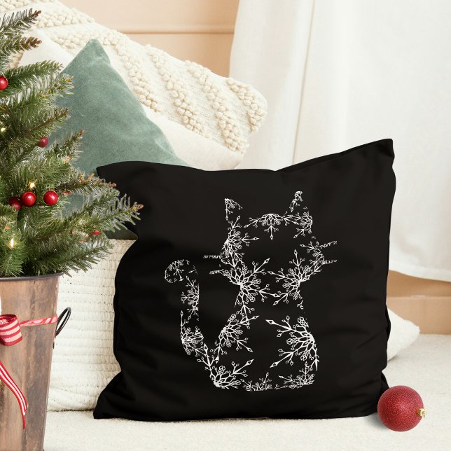 Vit snöflingekatt Siluett Kudde (White Snowflake Cat Silhouette Throw Pillow)