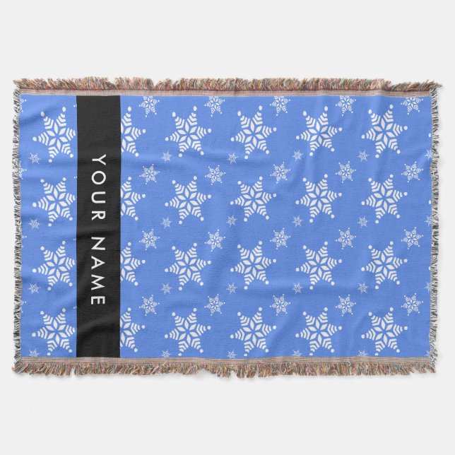 Vit Snöflingor, blå, ditt namn, anpassa Filt (Framsidan)