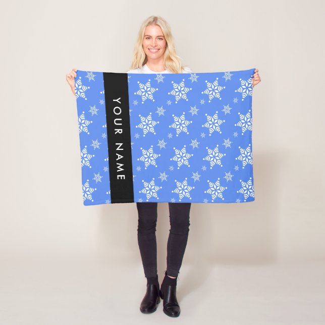 Vit Snöflingor, blå, ditt namn, anpassa Fleecefilt (På plats)