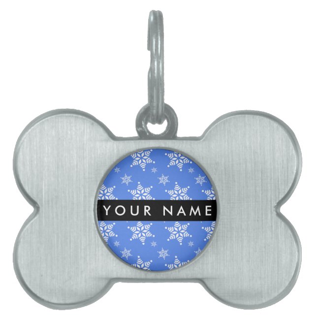 Vit Snöflingor, blå, ditt namn, anpassa ID-bricka Husdjur (Framsidan)