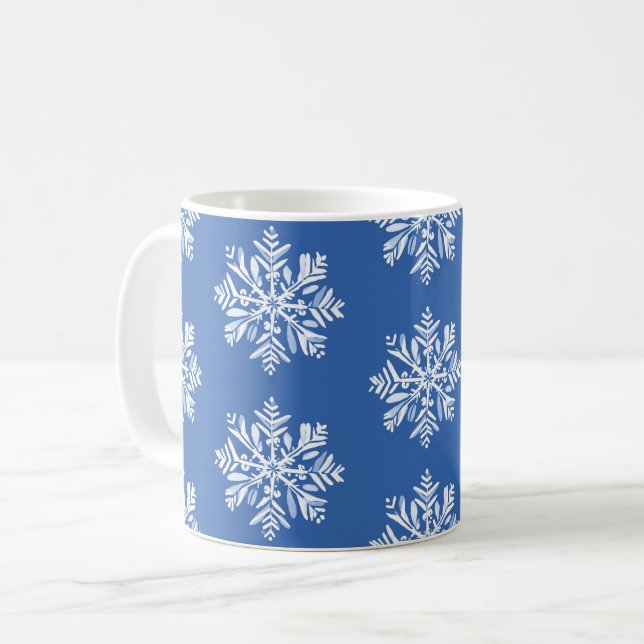 Vit snöflingor på Blå julen Helgdag Mönster Kaffemugg (Framsida vänster)