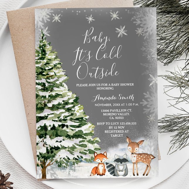 Vit snöflingor på djur Evergreen Träd Baby Shower Inbjudningar (Skapare uppladdad)
