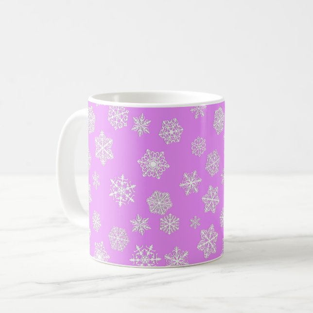 Vit snöflingor på orkidébakgrund kaffemugg (Framsida vänster)