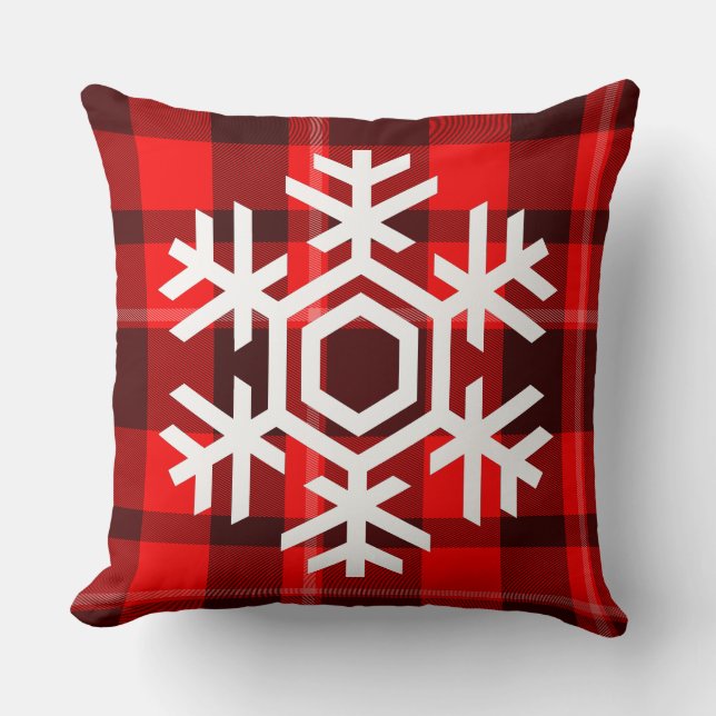 Vit snöflummel på en klassisk röd tartan mönster kudde (Framsida)