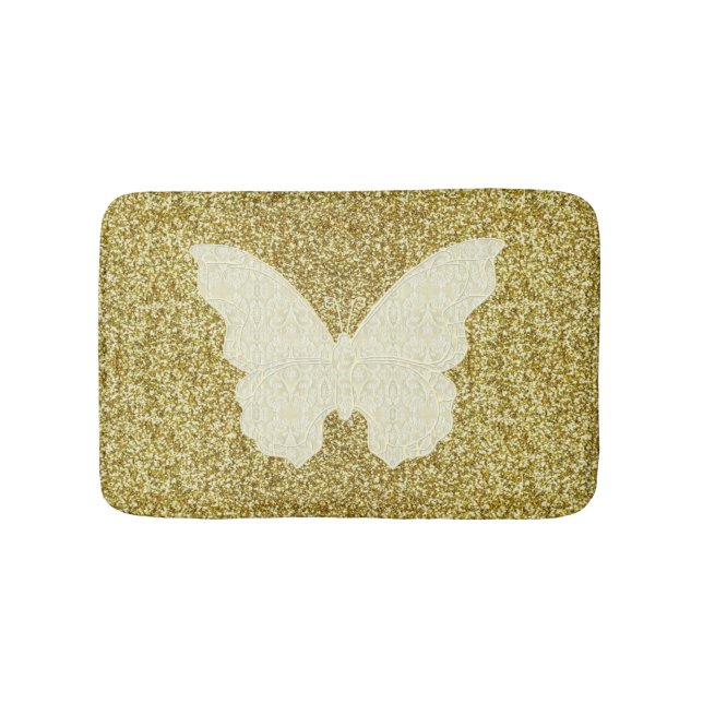 Vit Snöre-fjäril på Guld Glitter-badmat i Bath Mat Badrumsmatta (Framsidan)