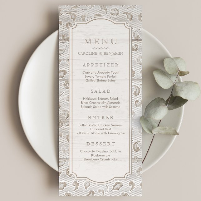 Vit snöre-landsbyggsbröllop, rustik meny (White lace wood rustic country wedding menu)