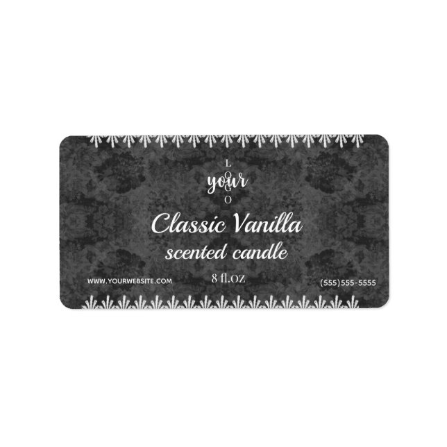 Vit Snöre- och Black Damask-stearinljus Adressetikett (Framsidan)