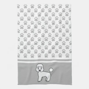Vit söt Toy Poodle hund och grått tassar mönster Kökshandduk
