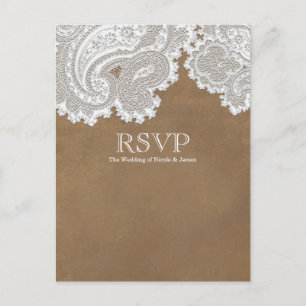 Vit spets & Brun Rustik Elegant Bröllops-RSVP Inbjudan Vykort
