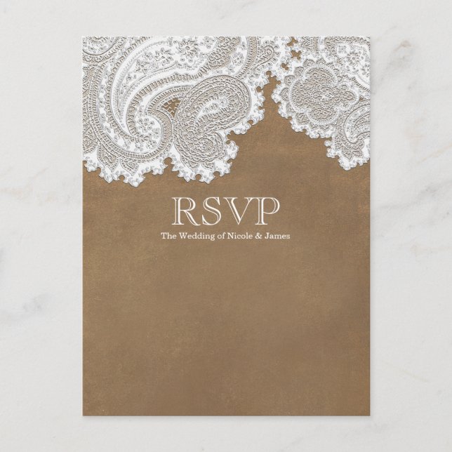 Vit spets & Brun Rustik Elegant Bröllops-RSVP Inbjudan Vykort (Framsida)