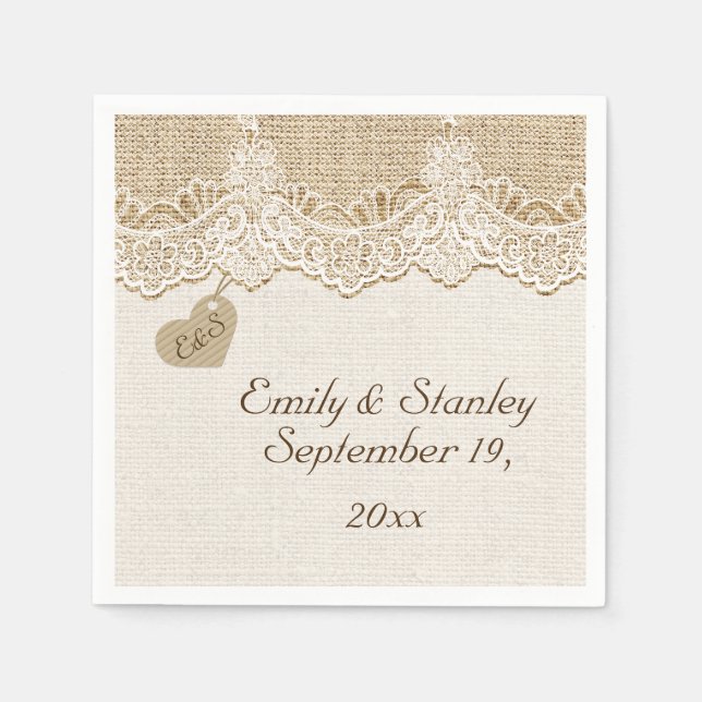 Vit spets & hjärta på jute rustik bröllop pappersservett (Framsidan)