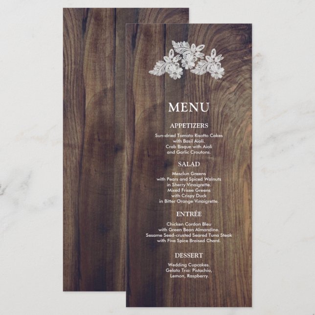 Vit spets | Ljust bröllopsmeny-kort i trä Meny (Fram/baksida)