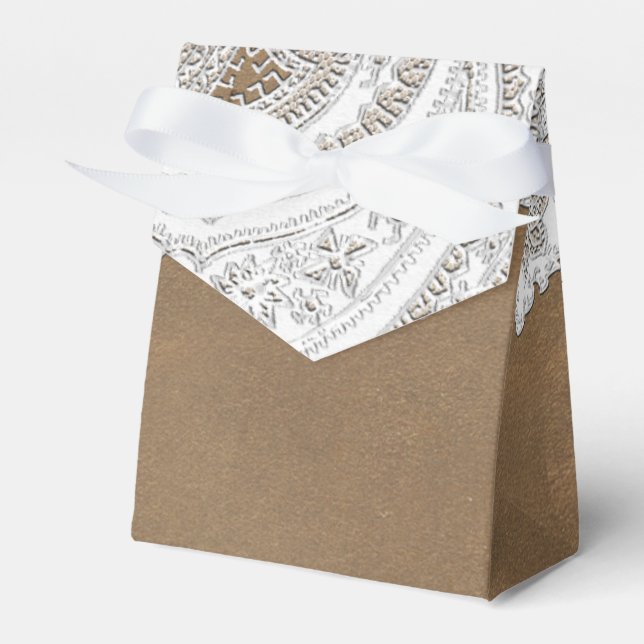 Vit spets och brun rustik chic elegant bröllop presentaskar (Framsidan Sidan)