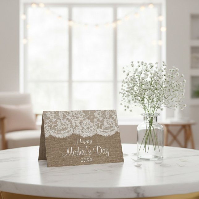 Vit spets på rustik jute Glad mors dag Kort (Skapare uppladdad)
