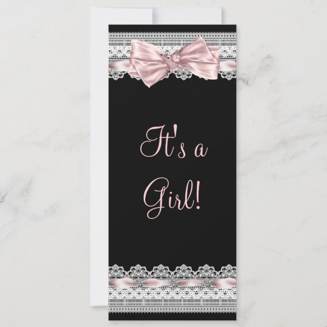 Vit spets rosa band rosa och svart baby shower inbjudningar (Framsida)