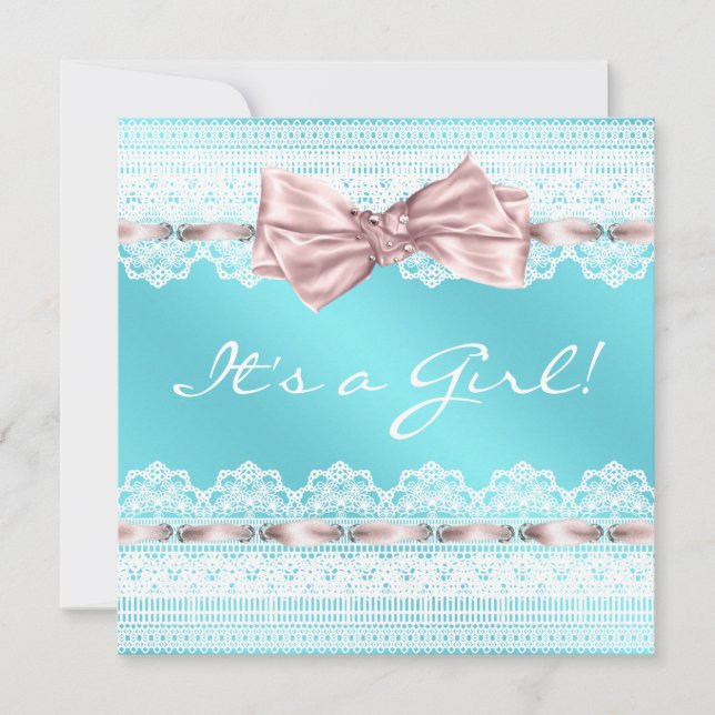 Vit spets rosa band teal blå baby shower inbjudningar (Framsida)