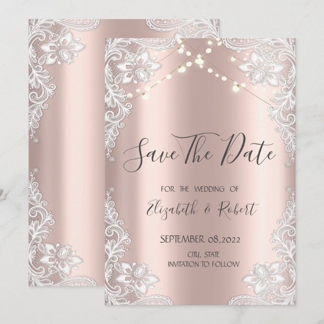 Vit spets,slingbelysning Roséguld Save The Date Spara Datumet (Fram/baksida)
