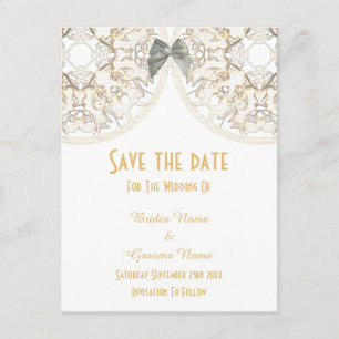Vit spetsfiligran damast save the date meddelande vykort
