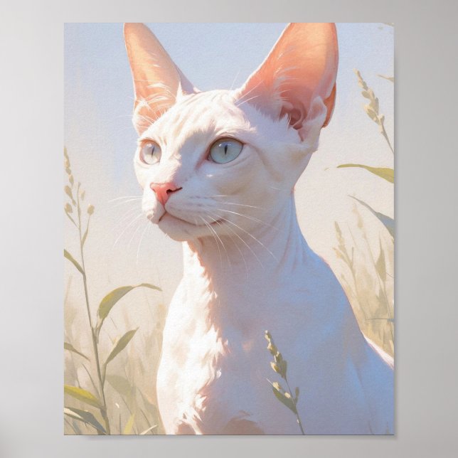 Vit Sphynx Katt och Blommor Poster (Framsidan)