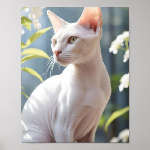 Vit Sphynx Katt och Blommor Poster