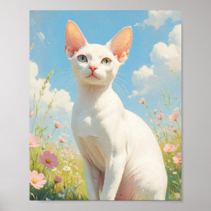 Vit Sphynx Katt och Blommor Poster