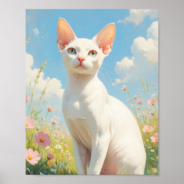 Vit Sphynx Katt och Blommor Poster (Framsidan)