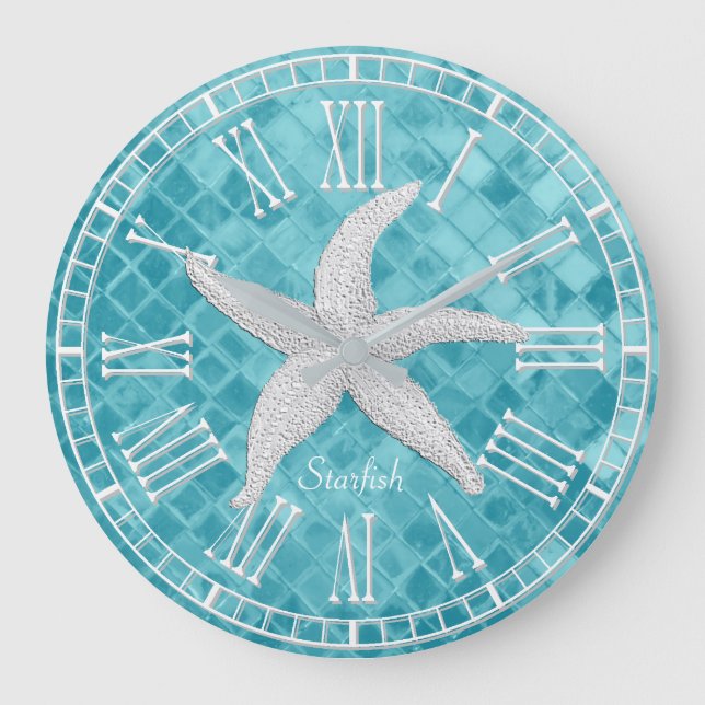 Vit Starfish Aqua Sea Glass Personalize Stor Klocka (Framsida)